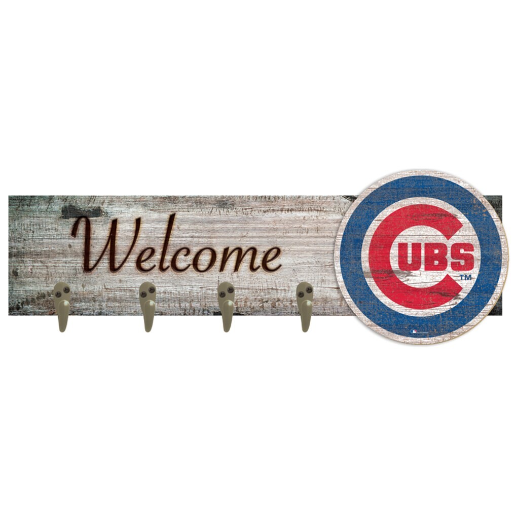 Chicago Cubs Mounted Welcome Coat Hanger - distressed wood with Cubs logo